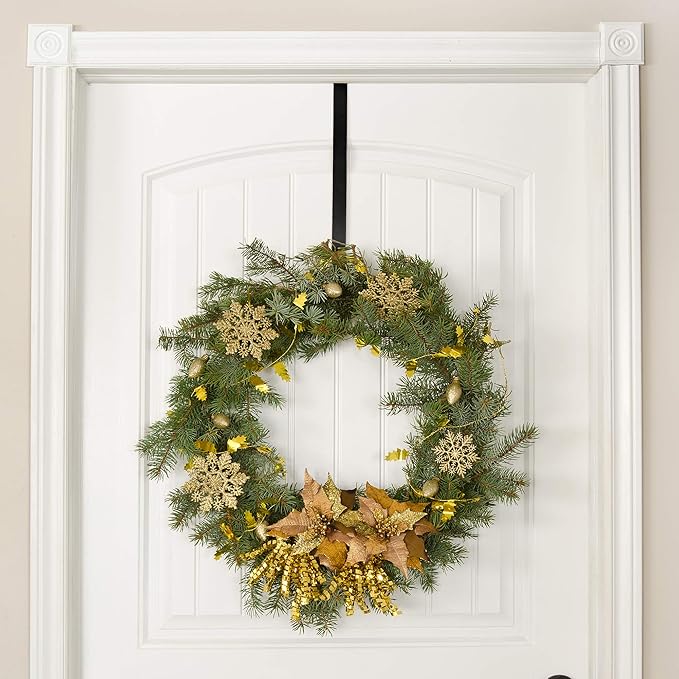 RN'D Over Door Wreath Hanger Hook - Thin Metal Overdoor Wreath Holder Seasonal Hooks for Front or Back Door (Black, 12")