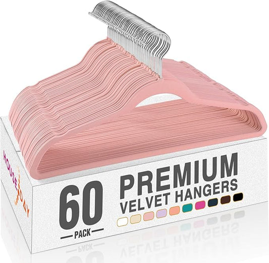 HOUSE DAY Lt Pink Velvet Hangers 60 Pack, Non Slip Clothes Felt Hanger Heavy Duty for Coat, Premium Slim Space Saving Suit Hangers for Closet Organizer, 360° Rotating Silver Hook