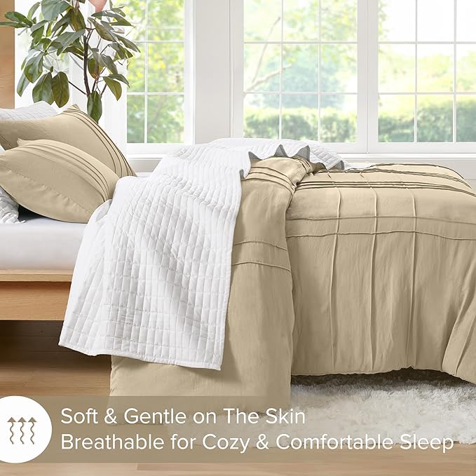 Comfort Spaces Khaki Full Size Comforter Set - 3 Pieces Pintuck Pleated Bedding Sets, All Season Lightweight, Extra Softness Pre-Washed Microfiber Full Bed Set, Shams, Full