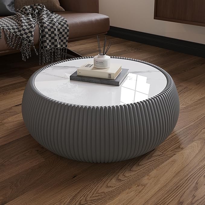 Grey Round Coffee Table with Sintered Stone Tabletop, 27.55" Drum Coffee Table with Fluted PU Leather Covered and Stable Base, Circle Cocktail Tea Table for Living Room