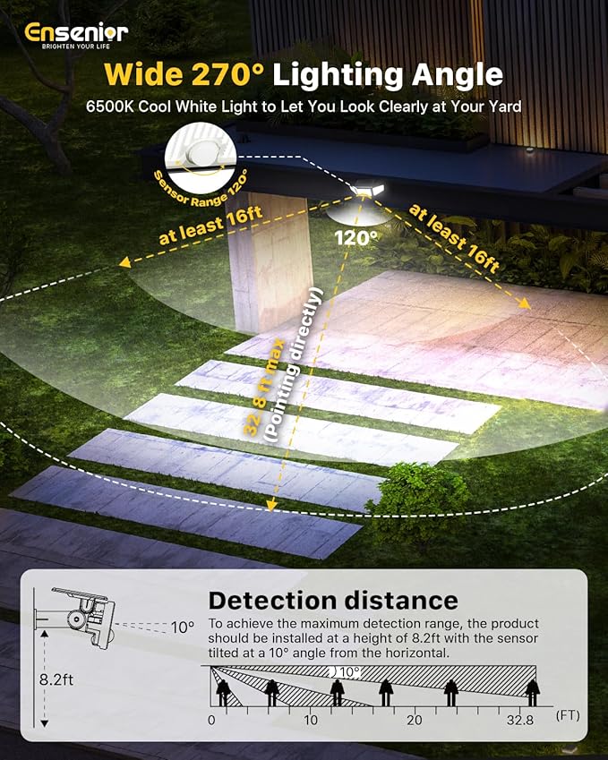 Ensenior Motion Sensor Outdoor Lights, 220 LED IP65 Waterproof Solar Security Light with Remote Control, 3 Heads Solar Flood Light Outdoor with 4 Modes, 270° Wide Angle Motion Light for Outside -2Pack