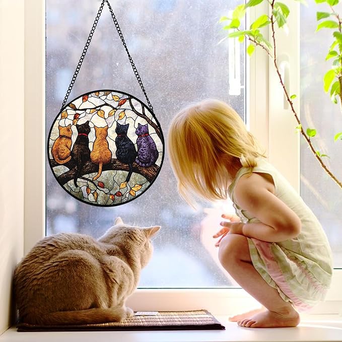 Stained Glass Window Hanging - 5 Cats on a Branch Suncatcher for Window Doors Home Decoration and Christmas, Mother's Day Father's Day Birthday Gifts for Women, Men, and Mom 9.8x9.8 in