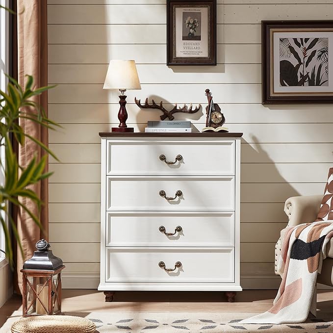 24" Wide Farmhouse Nightstand with Charging Station Set of 2, 37" Tall Rustic Chests of Drawers w/ 4 Solid Wood Feet, Farmhouse Furniture Series for Living Room,Bedroom,White