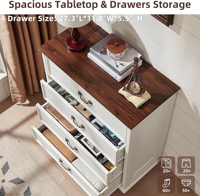 24" Wide Farmhouse Nightstand with Charging Station Set of 2, 37" Tall Rustic Chests of Drawers w/ 4 Solid Wood Feet, Farmhouse Furniture Series for Living Room,Bedroom,White