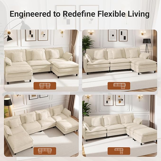 Claiks 110" Modular Sectional Sofa, Cloud Couch with Ottoman, U-Shaped 5-Seater Sofa in Chenille Fabric, Deep Seat Comfy Couch with Pillows for Living Room & Offices, Beige
