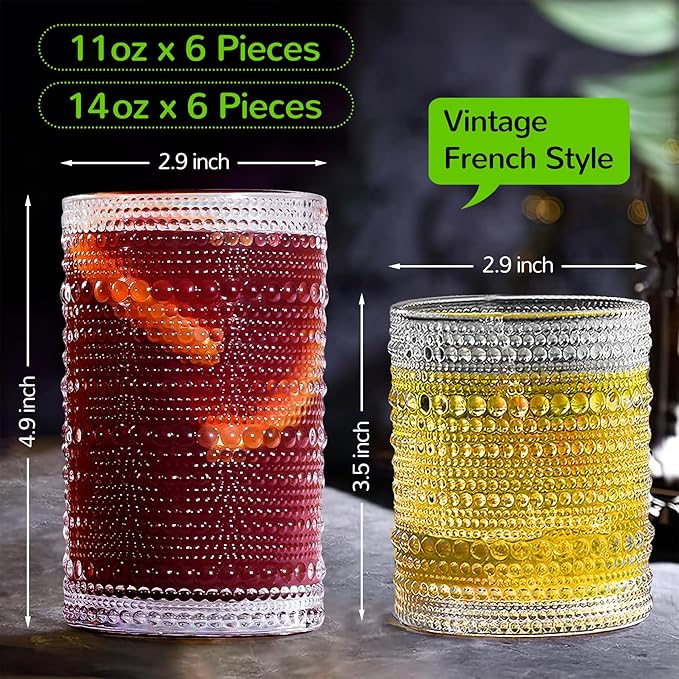 Vintage Hobnail Drinking Glasses Set of 12-14 oz Old Fashioned Water Glass Cups & 11 oz Cocktail Glasses, Aesthetic Kitchen Bar Tumbler Glassware Gifts Sets for Smoothie, Juice, Coffee, Wine