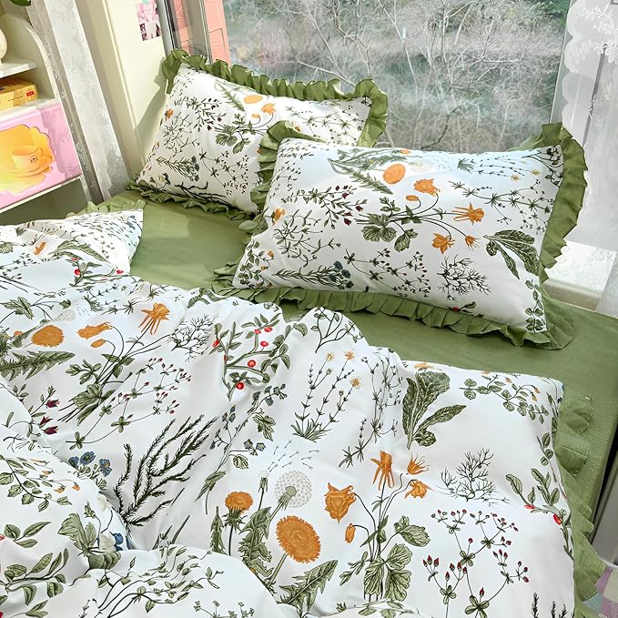 Botanical Floral Duvet Cover with Green Ruffle 100% Cotton Vibrant Flower Duvet Cover Twin Girls Romantic Comforter Cover Princess Lace Coquette Bedding Vintage Aesthetic Flower Comforter Cover Twin