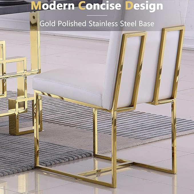 AUZ Dining Chairs Set of 6, White Faux Leather Dining Room Chairs with Gold Stainless Steel Sled Legs