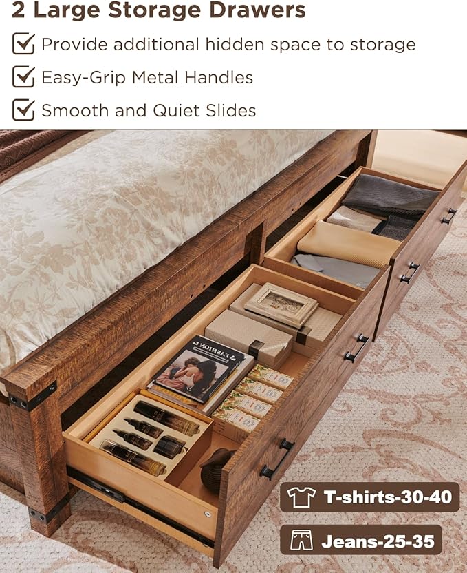 T4TREAM Farmhouse King Size Bed Frame with 54" Tall Geometric Headboard & 2 Large Storage Drawers, Rustic Wood Platform Bed with Wood Slats Support, No Box Spring Needed, Reclaimed Barnwood
