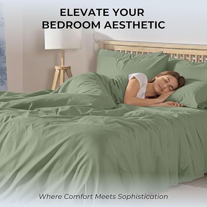 100% Natural Cotton Sheets Queen Size Bed Set | 500 TC Single-Ply Sateen Weave | Soft, Breathable, Hypoallergenic Solid 4-Piece Bedding with Deep Pocket Fitted, Flat, Pillowcase | Sage