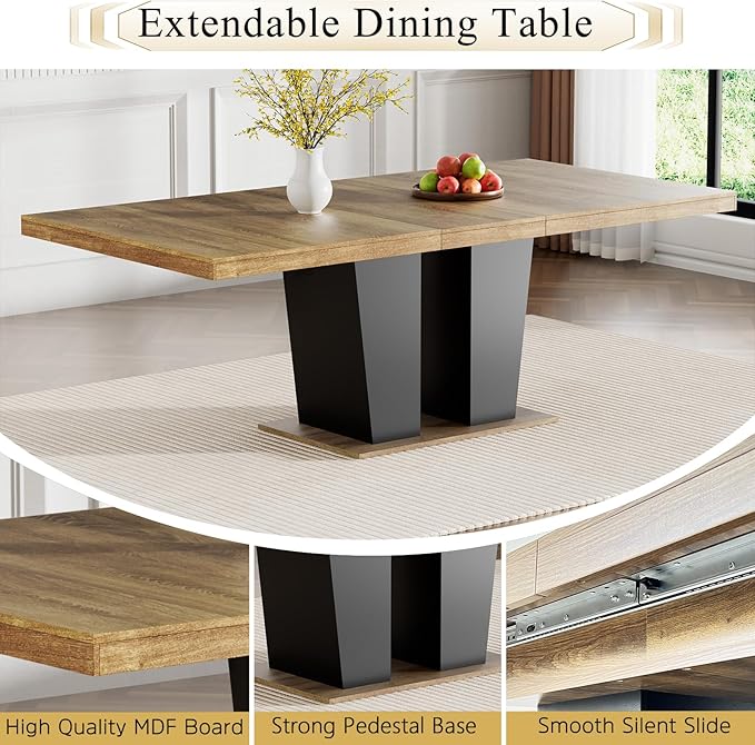 Goujxcy 7-Piece Extendable Dining Table Set for 6-8 People 63-78 Inch Kitchen Table Set with 6 Velvet Upholstered Chairs Farmhouse Rectangular Dining Room Table Set for Kitchen Dining Room Apartment