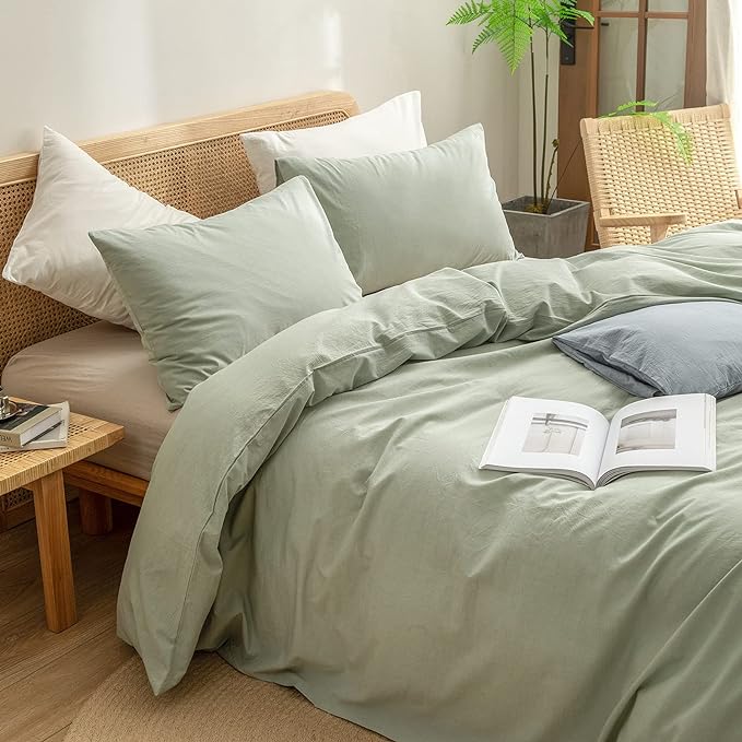 BESTOUCH Duvet Cover Set 100% Washed Cotton Linen Feel Super Soft Comfortable Chic Lightweight 2 PCs Home Bedding Set Solid Sage Green Twin/Twin XL