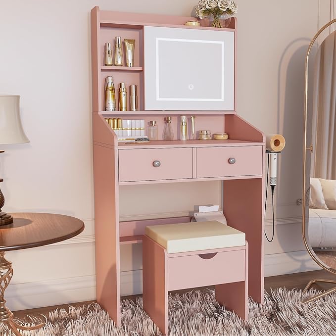 Vanity, Small Vanity Desk with Sliding Mirror, Dimmable LED Lights, 2 Drawers,Vanity Table Ideal for Bedroom（Pink）