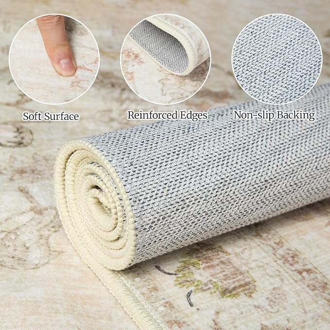 3x5 Soft Washable Area Rugs for Living Room and Bedroom, Non-Slip Stain Resistant Indoor Carpet, Cozy Floor Mat for Dining Room, Office, Stain Resistant Entryway Persian Beige Floral