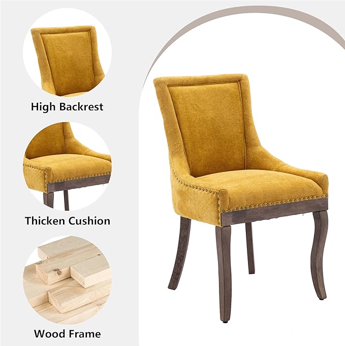 Farmhouse Dining Chairs Set of 2, Upholstered Fabric Dining Room Accent Chairs with Wood Legs & Bronze Nailhead, High Wingback Kitchen Chairs for Living Room Hotel Apartment, Golden Yellow