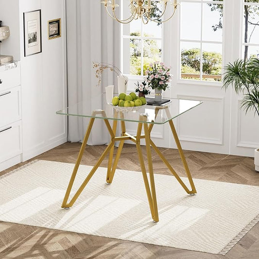 35.4" Square Glass Dining Table for 4, Modern Tempered Glass Kitchen Table for 4 with Gold Metal Legs, Compact Small Circle Dining Room Leisure Tables for Kitchen Apartment
