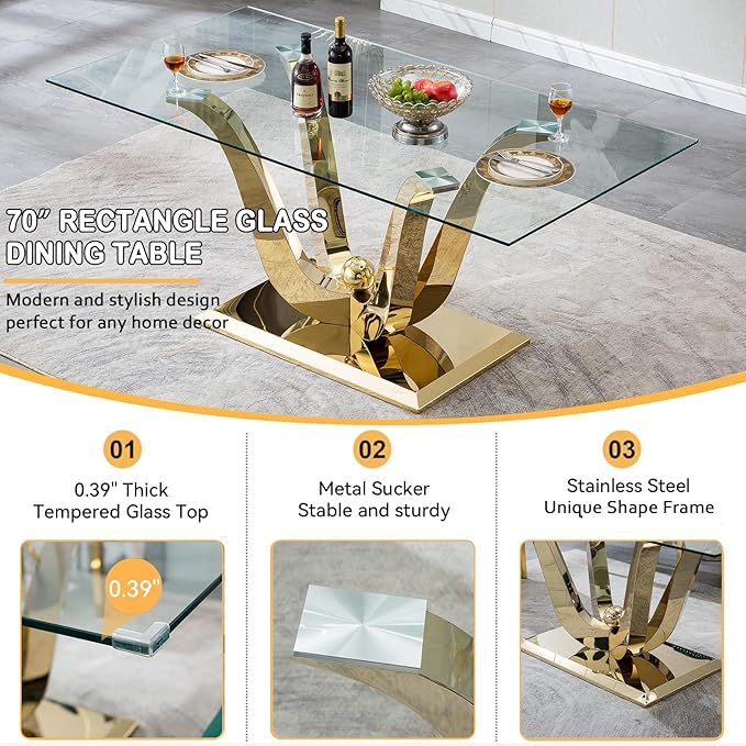 70" Modern Gold Glass Dining Table Set for 4, 5-Piece Rectangle Kitchen Dining Room Table Set with Steel Base & 4 Black Velvet Upholstered Chairs, Modern Glass Kitchen Table and Chairs Set of 4