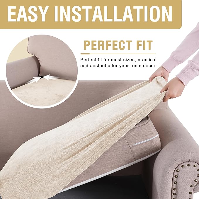 H.VERSAILTEX Stretch Chenille Couch Cover Furniture Protector Seat Cushion Sofa Cover 2 Cushions Non-Slip Couch Covers for Sofa Pets with Elastic Bottom (2 Piece Loveseat Cushion Covers, Beige)