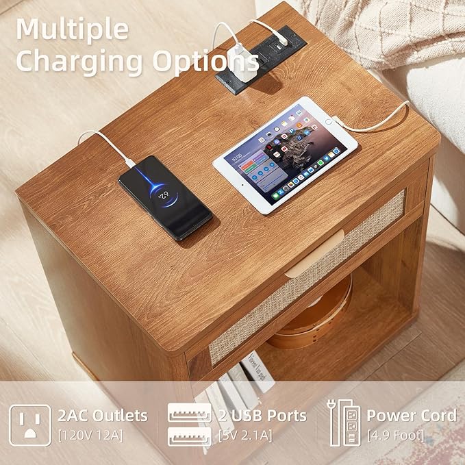 LEYAOYAO Boho Rattan Coffee Table Sets 3 Pieces, Nightstand with Charging Station and Coffee Table with Hidden Storage Compartment, Brown Living Room Table Set, Wood Furniture Sets for Home Office