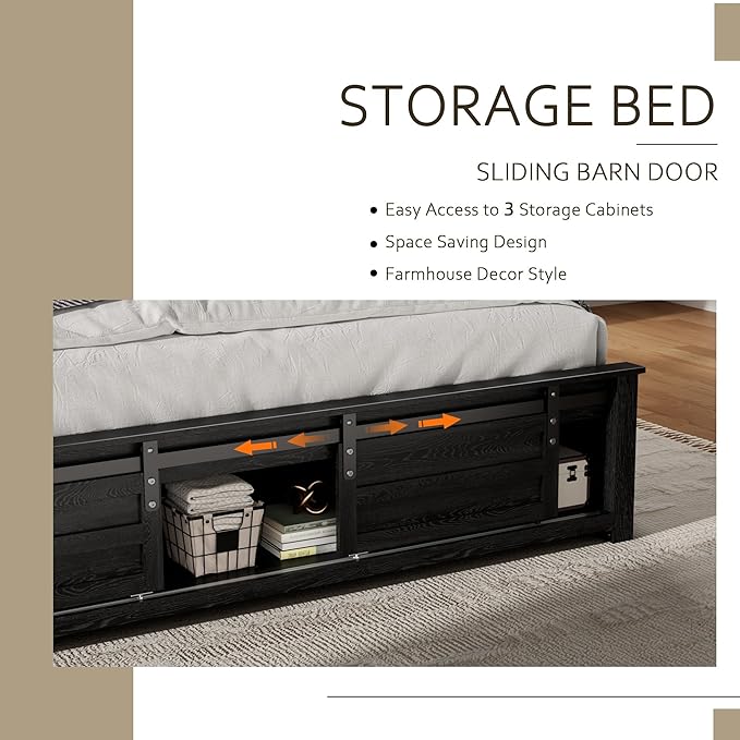 Wooden Bed Frame Queen Size with Headboard & Sliding Barn Door Storage Footboard, Farmhouse Platform Bedframe with Charging Station, No Box Spring Needed (Black, Queen)