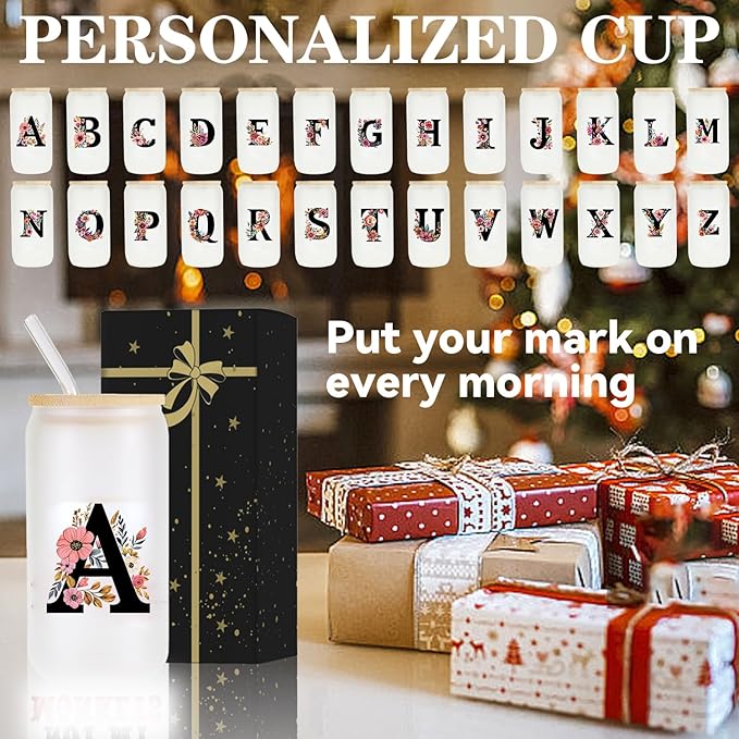 Monogrammed Glass Drinking Cup With Lid Straw Personalized Customized Post Cards Women Teacher Coworker Assistant Principal Christmas Gift Mom Girlfriend Aunt Friend Grandma Bestie Wife Daughter,P