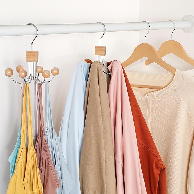 TOPIA HANGER Hoodie Hangers with 6 Wood Balls, Purse Hanger, Scarf Hanger, Wooden Closet Hooks, Handbag Organizer, Bra Hanger, Accessory Organizers for Scarf, Tanktop, Hat, Sweatshirt CT81N