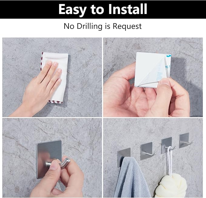 Heavy Duty Adhesive Hooks, Stick on Wall Adhesive Hangers, Strong Stainless Steel Holder, Self Adhesive Hooks for Kitchen Bathroom Home Door Towel Coat Key Robe 6 Packs Silver