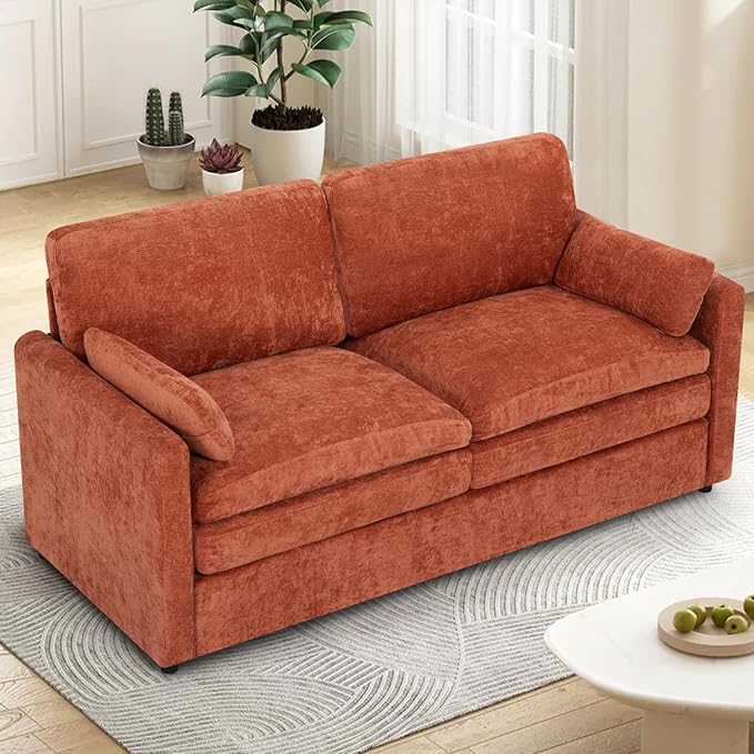 69” Chenille Loveseat Sofa w/Arm Pillows, Upholstered 2-Seater Sofa w/Comfortable Back Cushions, Modern 2 Seats Couch w/High-Density Foam for Living Room, Apartment, Office, Orange
