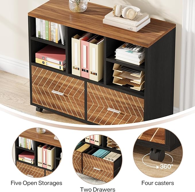 Tribesigns L-Shaped Executive Desk with Reversible File Cabinet, 63" Office Desk with Storage Drawers, L-Shaped Computer Desk with Drawer Cabinet for Hanging Letter Size Files (Walnut & Black)