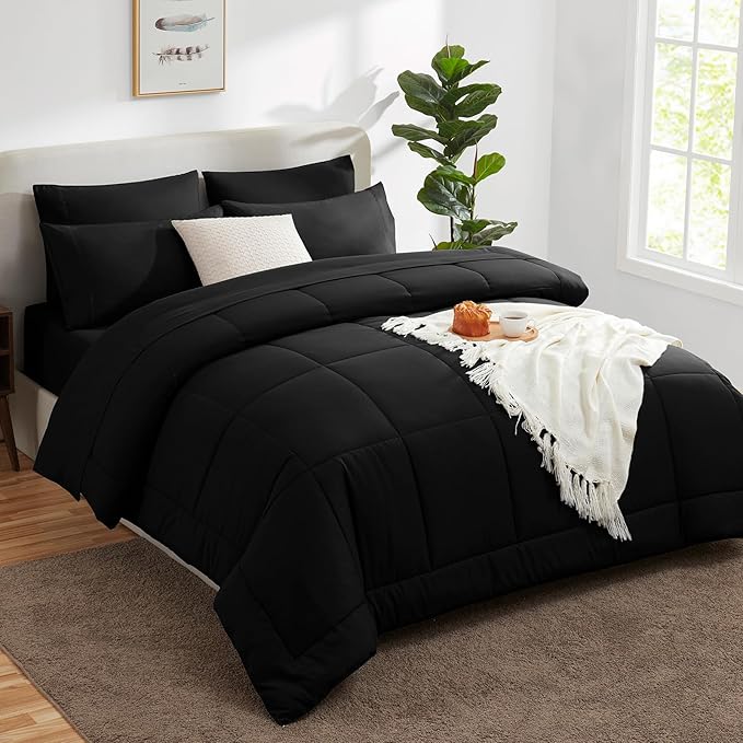 CozyLux Twin XL Comforter Set Black, 5 Pieces Twin Extra Long Bed in a Bag for College Dorm, All Season Bedding Set with Stitch Quilted Comforter, Flat Sheet, Fitted Sheet, Pillowcases