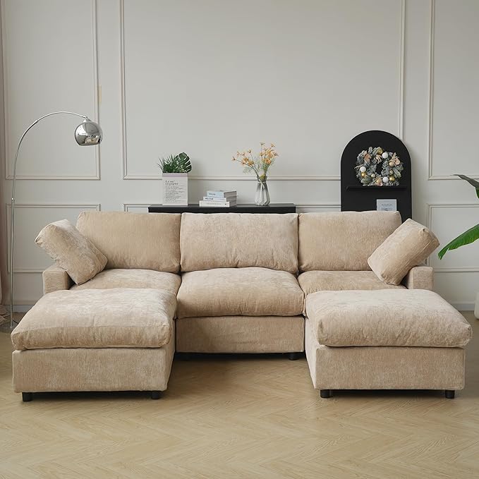 JACH U Shape Sectional Couches for Living Room, Convertible Modular Sofa with Ottomans, Cloud Sectional Couch, Sofa Covers Washable, Minimalist Couch for Living Room, Apartment, Khaki