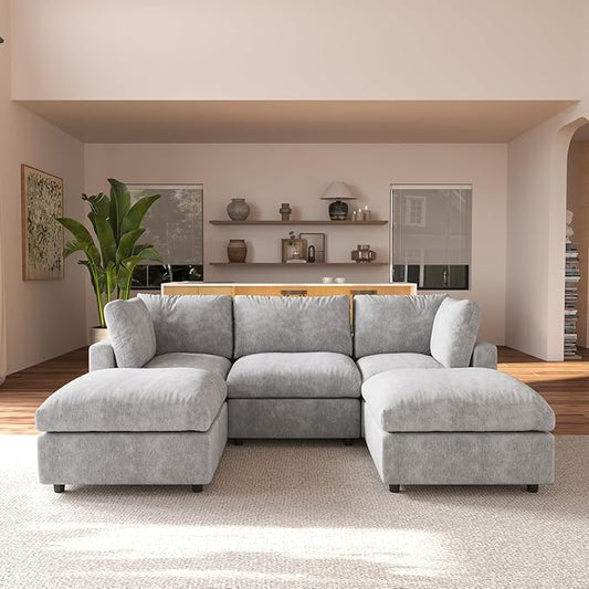 JACH U Shape Sectional Couches for Living Room, Convertible Modular Sofa with Ottomans, Cloud Sectional Couch, Sofa Covers Washable, Minimalist Couch for Living Room, Apartment, Light Grey