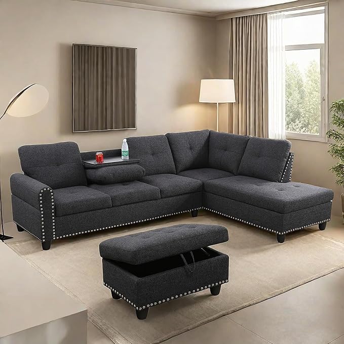 108-Inch Modular L-Shaped Sectional Sofa with Deep Seat, Modern L Shaped Cloud Couch with Chaise, Upholstered Couches for Living Room, Bedroom, Office, No Assembly Require (Dark Gray)