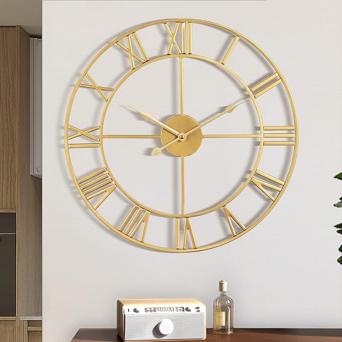 1st owned Large Wall Clock, Metal Retro Roman Numeral Clock, Modern Round Wall Clocks Almost Silent, Easy to Read for Living Room/Home/Kitchen/Bedroom/Office/School Decor (Gold, 18.5 Inch)