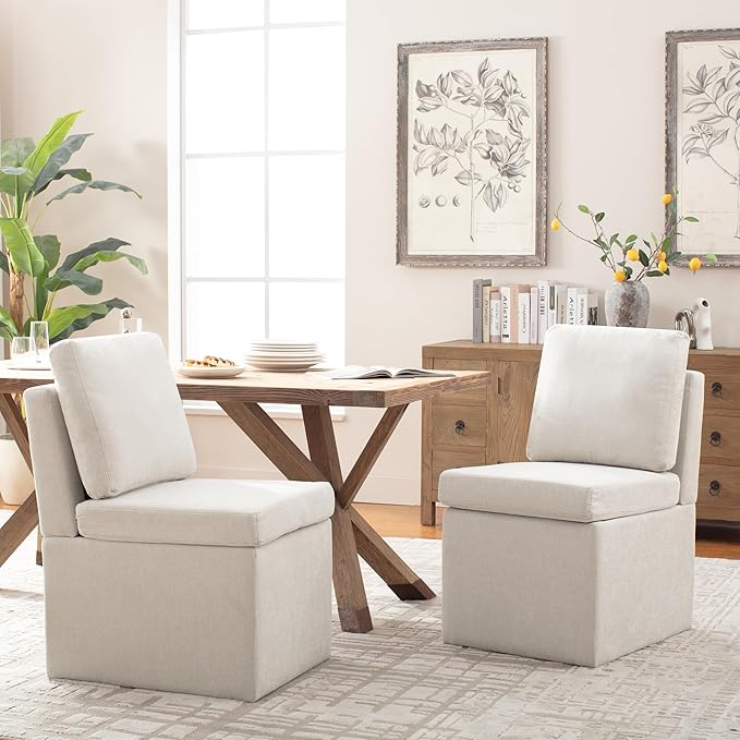 VKNOW Upholstered Dining Chairs, Modern Kitchen Chairs with Storage, Linen Armchair Dining Room Chairs for Kitchen Room (Beige, Set of 1)