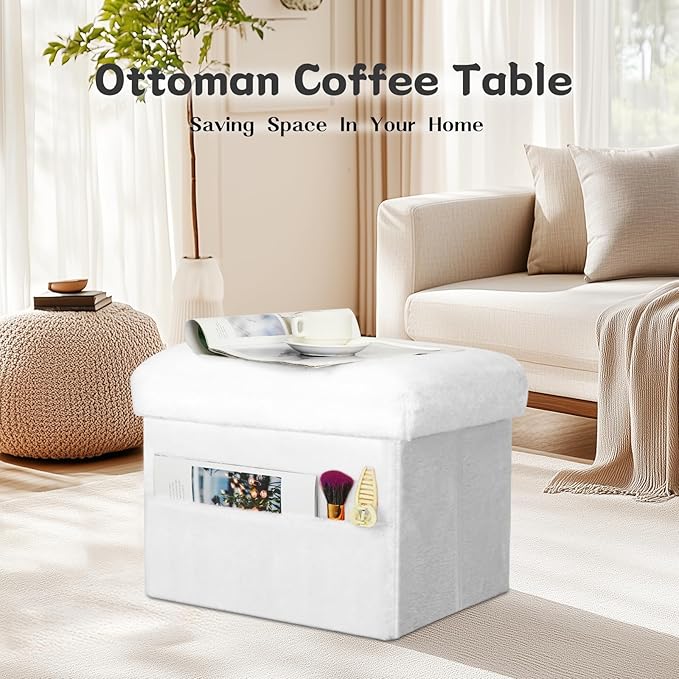 Storage Ottoman Cube, Small Ottoman with Storage with Thicker Furry Padded Seat. Folding Soft Fur Foot Rest Stool for Living Room Bedroom, Holds Up to 300 lbs, 17x13x13IN (White)