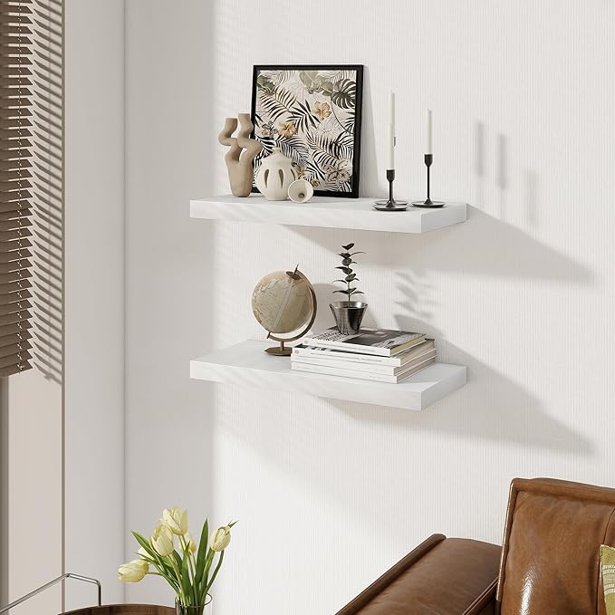White Floating Shelves 22.5 Inch Long, 8 Inch Deep Floating Shelf Wall Mounted, Rustic Wood Bathroom Shelves for Storage, 22.5x8 Deep Shelf Set of 2 with Invisible Brackets for Books|Storage|Decor