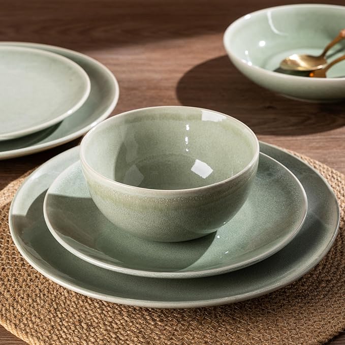 AmorArc Ceramic Dinnerware Sets for 4, 12 Pieces Handpainted Plates and Bowls Set, Scratch Resistant Stoneware Dishes Set, Dishwasher & Microwave Safe, Olive Green