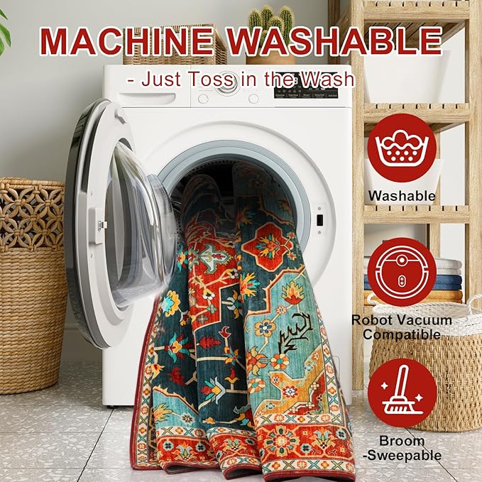 WILLSUN Washable Area Rugs, 2x6 Non-Slip Boho Area Rugs for Kitchen, Living Room, Bedroom, Machine Washable Vintage Rug, Indoor Floral Print Carpet for Home Decor, Kid & Pet Friendly Mat