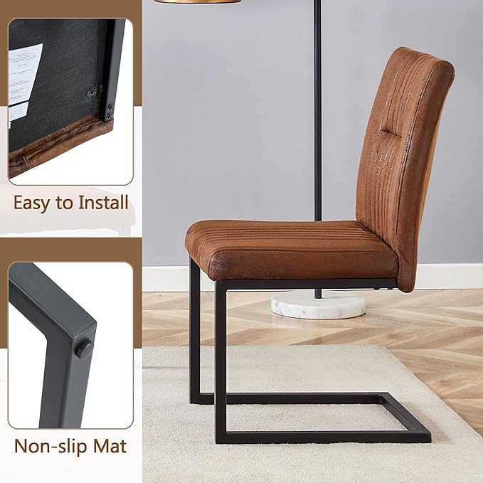 Modern Dining Chairs Set of 4, White Faux Leather Kitchen Chairs, Upholstered Armless Dining Room Chair with Gold Mental Legs Heavy Duty, Comfortable (Style 2 Brown Chiars, Set of 4)