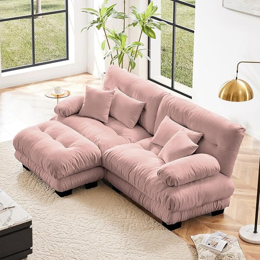 94.4" Loveseat Sofa, 2 Seater Modular Sectional Sofa, Pink Large L Shaped Sectional Fluffy Couch, Chenille Cloud Couch with Ottoman, Deep Seat Sofas for Living Room