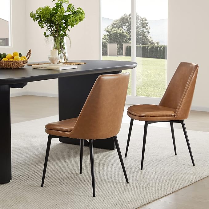 CHITA Mid-Century Padded Dining Chair, Modern Upholstered Faux Leather Dining Room Chair Set of 2 with Metal Legs,Saddle Brown