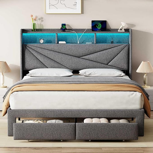 LED Full Size Bed Frame with 2 Storage Drawers, Upholstered Full Bed Frame with Headboard and Charging Station, No Box Spring Needed, Easy to Assembly-Light Grey