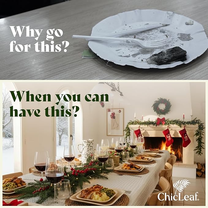 Chic Leaf Round Palm Leaf Plates - 10-Inch & 7-Inch, Pack of 48 - Compostable Disposable Bamboo Plates for Parties, Christmas Dinner, Turkey Family Meal and Holiday Food