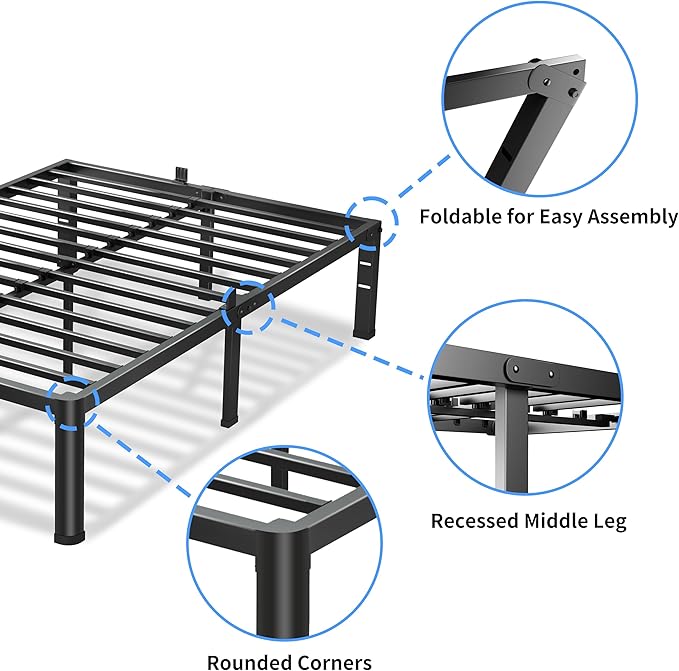 18 Inch King Size Bed Frame, 3500Lbs Heavy Duty Metal Platform with Round Corner Legs Mattress Slide Stopper, Steel Slat Support No Box Spring Needed, Noise Free, Non-Slip, Easy Assembly