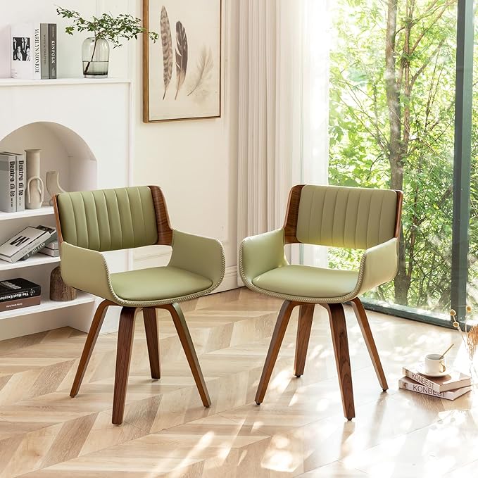 LUNLING Swivel Accent Faux Leather Dining Chairs Set of 2 Mid Century Modern Chairs with Wooden Legs/Armrest/Upholstered Seat/Adjustable Foots for Kitchen Dining Room Desk Chairs Beige