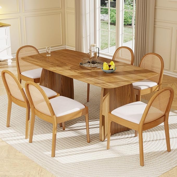 LukeAlon Linen Dining Chairs Set of 4, Natural Woven Cane Back with Solid Wood Legs Mid Century Side Chairs for Kitchen Living Room, Beige