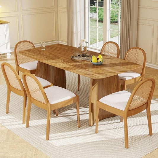 LukeAlon Modern Linen Dining Chairs Set of 6, Natural Woven Rattan Cane Back Side Chairs with Solid Wood Legs Mid Century Dinner Chairs for Kitchen Living Room, Beige