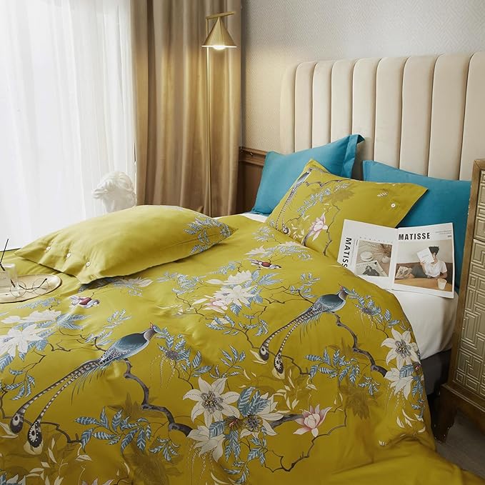 EAVD Queen Comforter Set Floral Vintage Garden Floral Bedding Set Soft Microfiber Yellow Comforter with 2 Pillowcases Gorgeous Floral Cute Bird Comforter Set for All-Season
