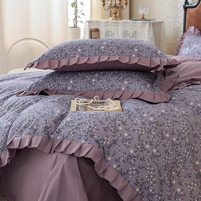 Purple Ruffle Duvet Cover Twin 3 Pieces Cute Daisy Flower Duvet Cover Girls Cottagecore Bedding Set Twin 100% Cotton Romantic Lace Comforter Cover Aesthetic Floral Bedding Cover with Zipper Closure